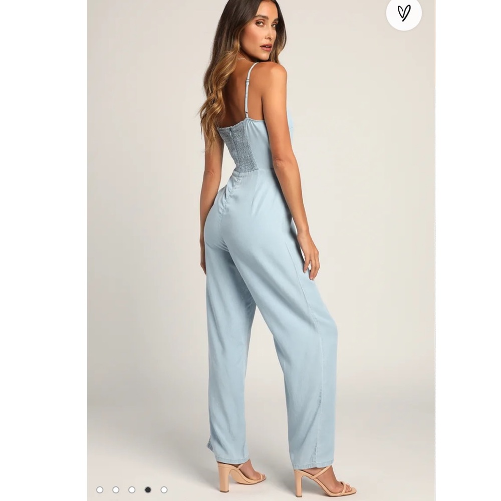 Lulu's Light Blue Smocked-Back Wide-Leg Jumpsuit Sz. M